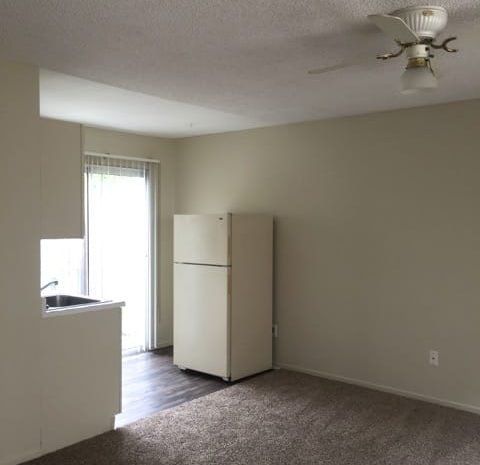 Carpeted living area with a ceiling fan