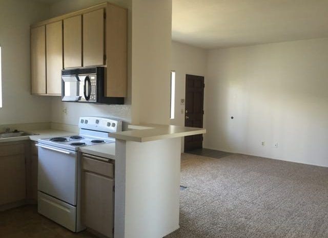 Kitchen and carpeted living area
