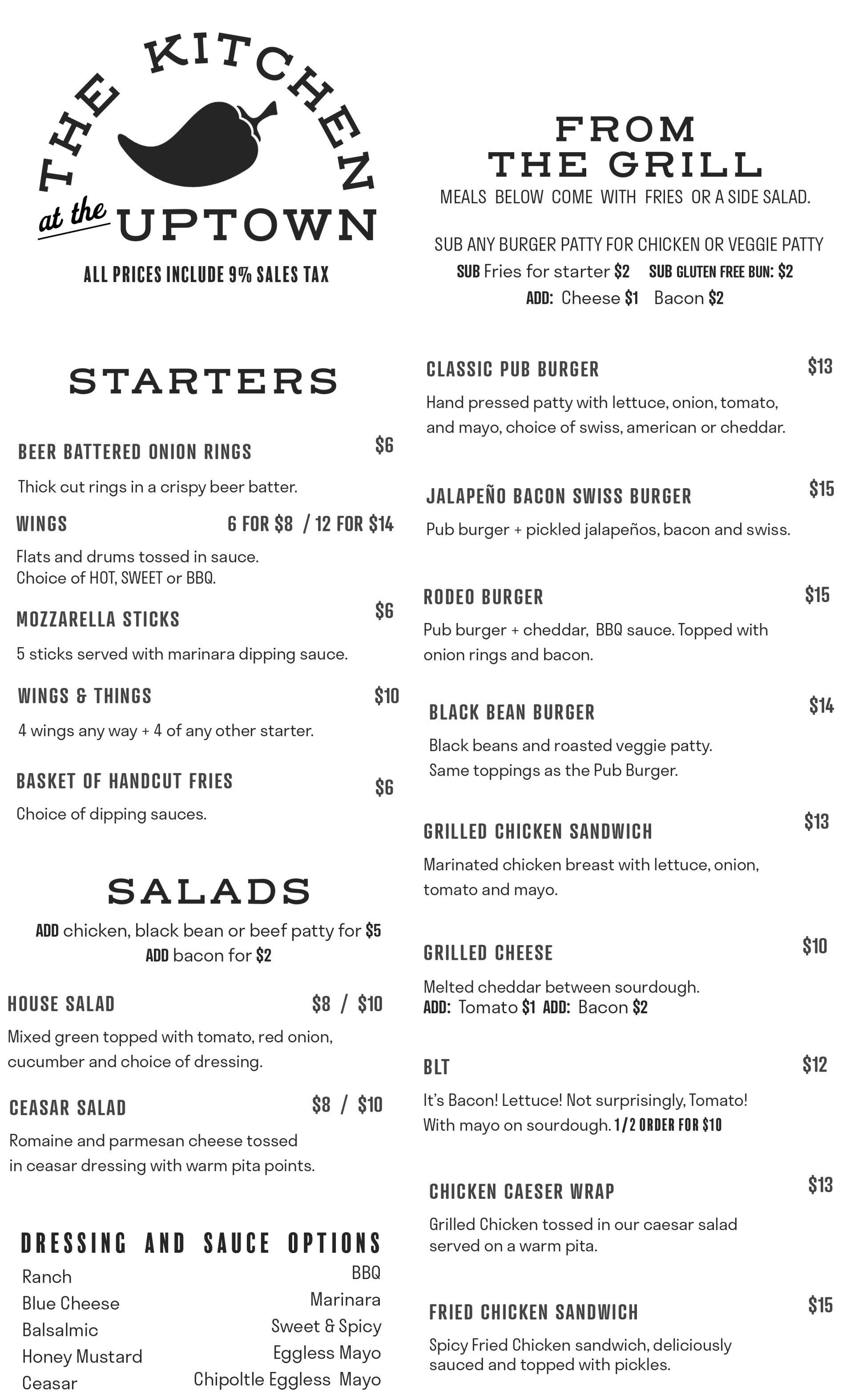 Restaurant menu page with starters, salads, and entrées in black text on a white background.