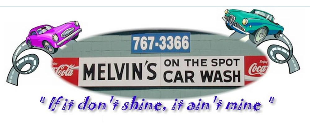 Melvin's Car Wash sign with a phone number, vintage car graphics, Coca-Cola logos, and a quote.