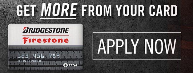 Advertisement for a Bridgestone/Firestone credit card. Includes card graphic with