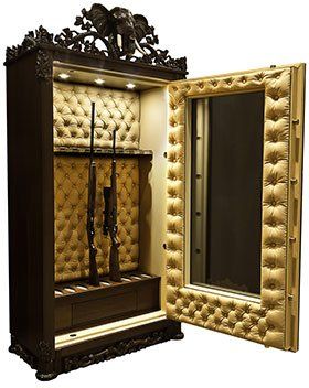 a stylish oak and gold-cushioned rifle safe