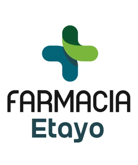 Un logotipo para farmacia etayo con una cruz verde y azul.