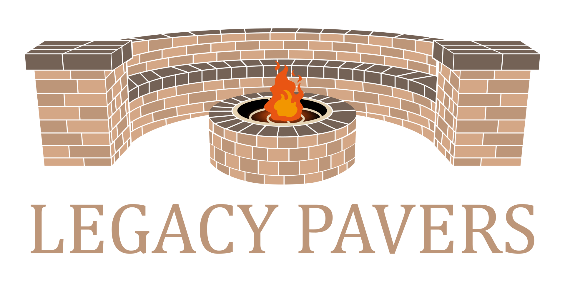 The logo for legacy pavers shows a fire pit in the middle of a brick wall.
