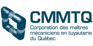 Logo de CMMTQ, une société québécoise de génie mécanique, représentant une construction de tuyaux bleus et du texte en bleu.