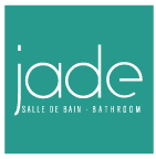 Jade bathroom products logo on teal square. Text in white.