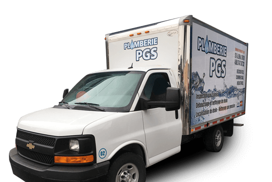 White plumbing service truck with PGS logo, parked.