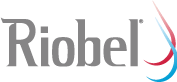Logo Riobel avec texte gris et motif de goutte d'eau bleue et rouge.