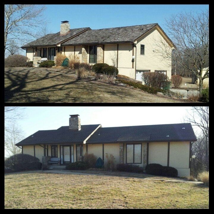 A before and after picture of a house with a black roof