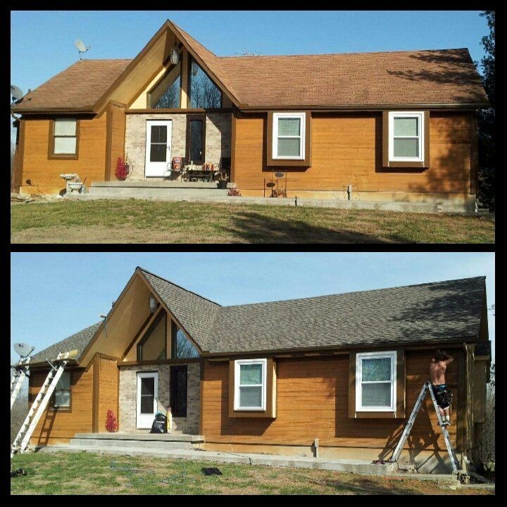 A before and after picture of a house being painted