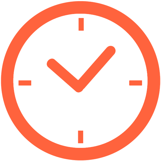 Orange clock face, hands pointing to approximately 2 o'clock.