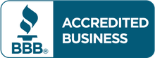BBB Accredited Business logo, a blue flame and text on a white and blue background.