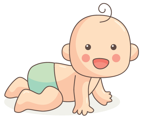 A baby in a diaper is crawling on the floor.