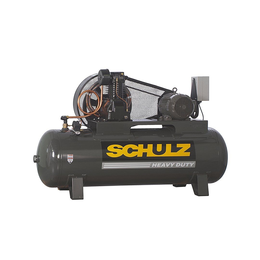 A schulz air compressor with a tank on a white background.