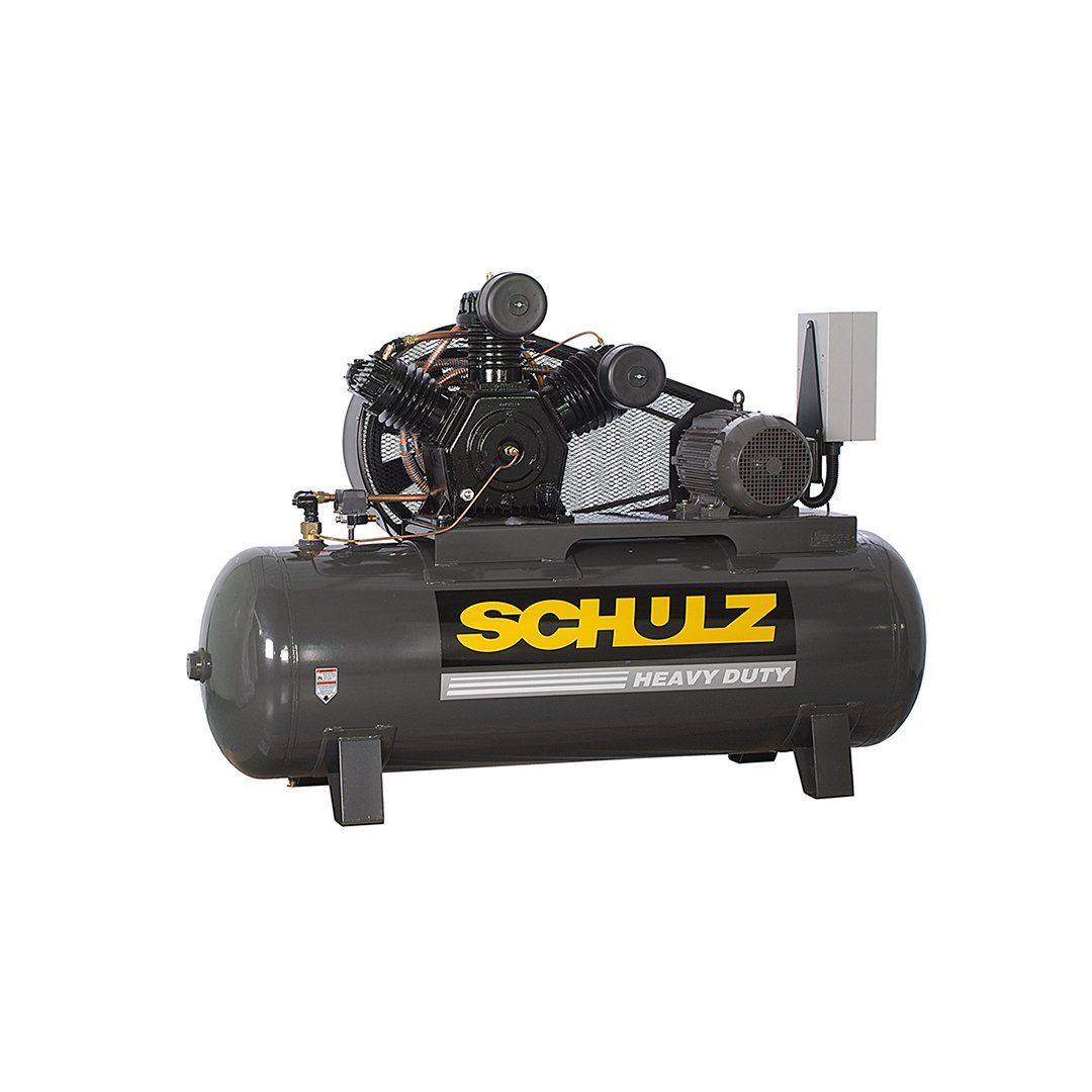 A schulz air compressor with a tank on a white background.