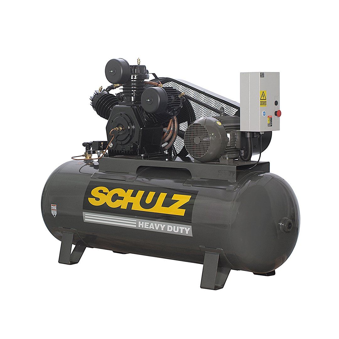 A schulz air compressor with a tank on a white background.