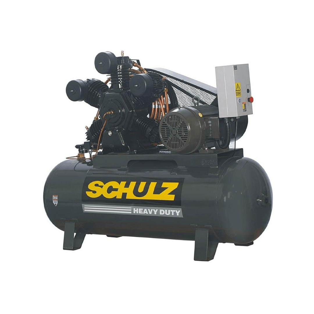 A schulz air compressor is shown on a white background.