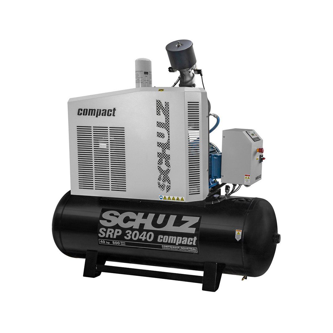 A schulz air compressor is sitting on top of a black tank.