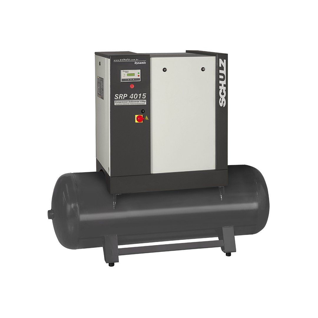 A black and white air compressor is sitting on top of a black tank.