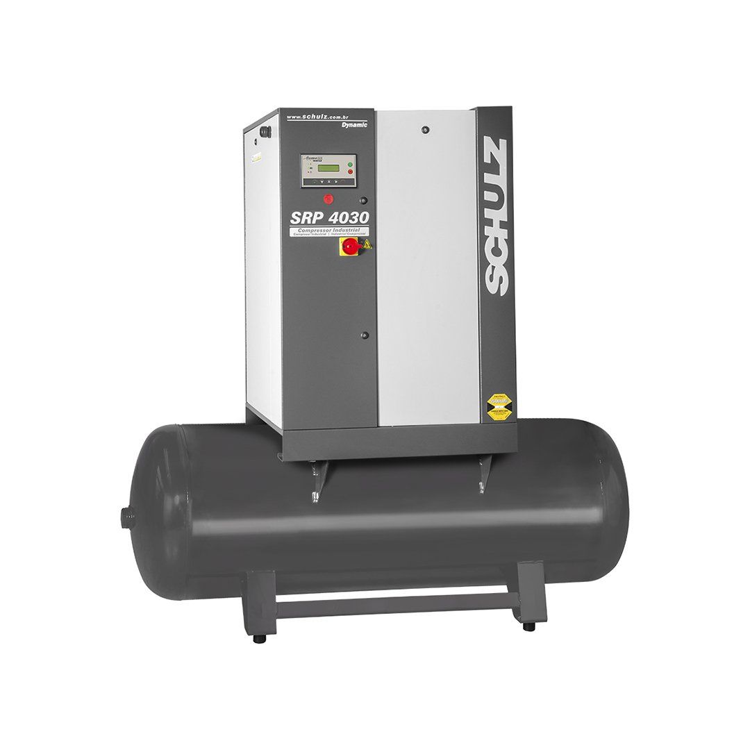 A schulz air compressor is sitting on top of a large tank.