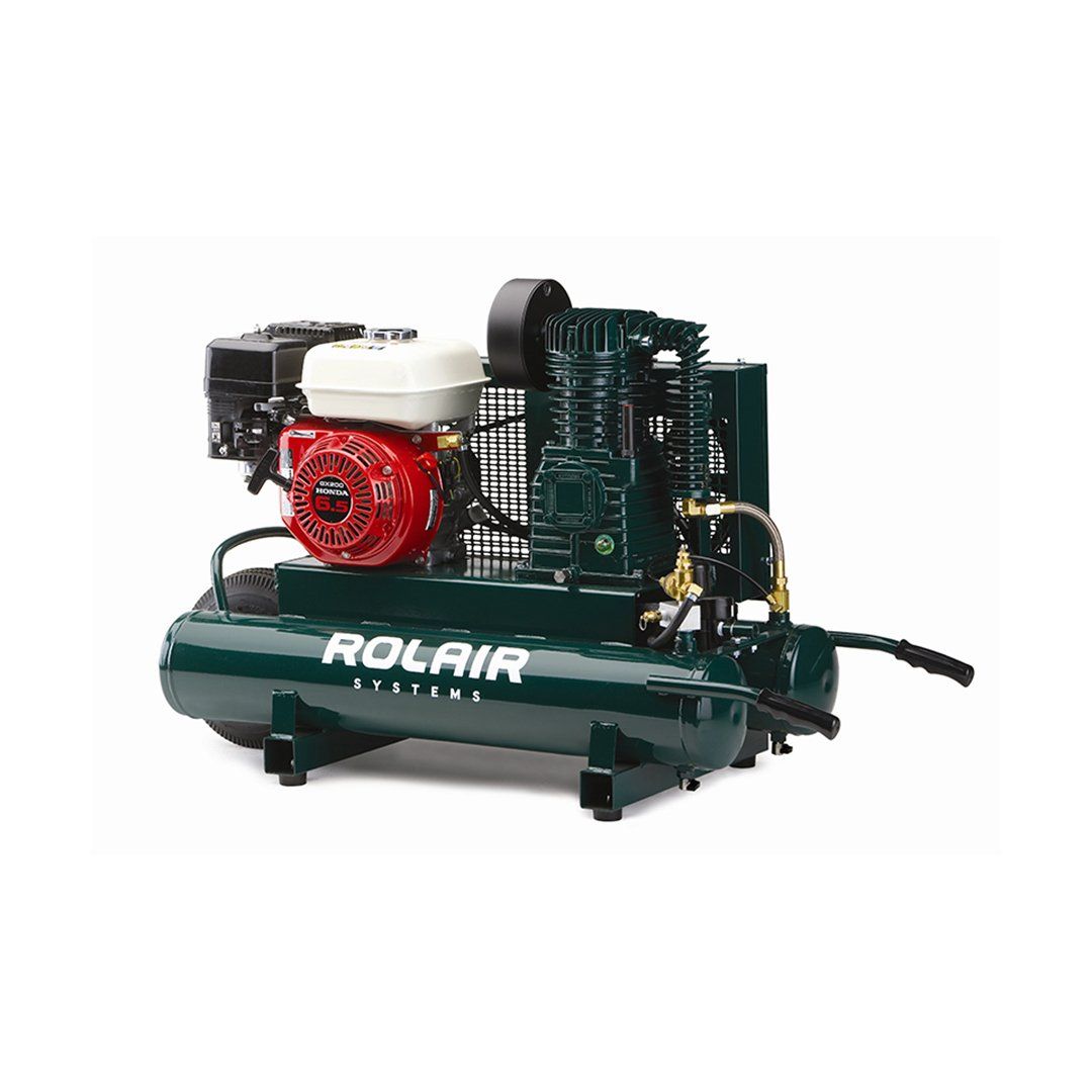 A green air compressor with a honda engine on a white background.