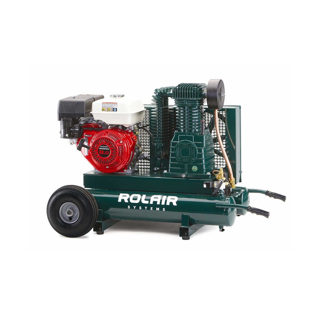 A green air compressor with a red engine on a white background.