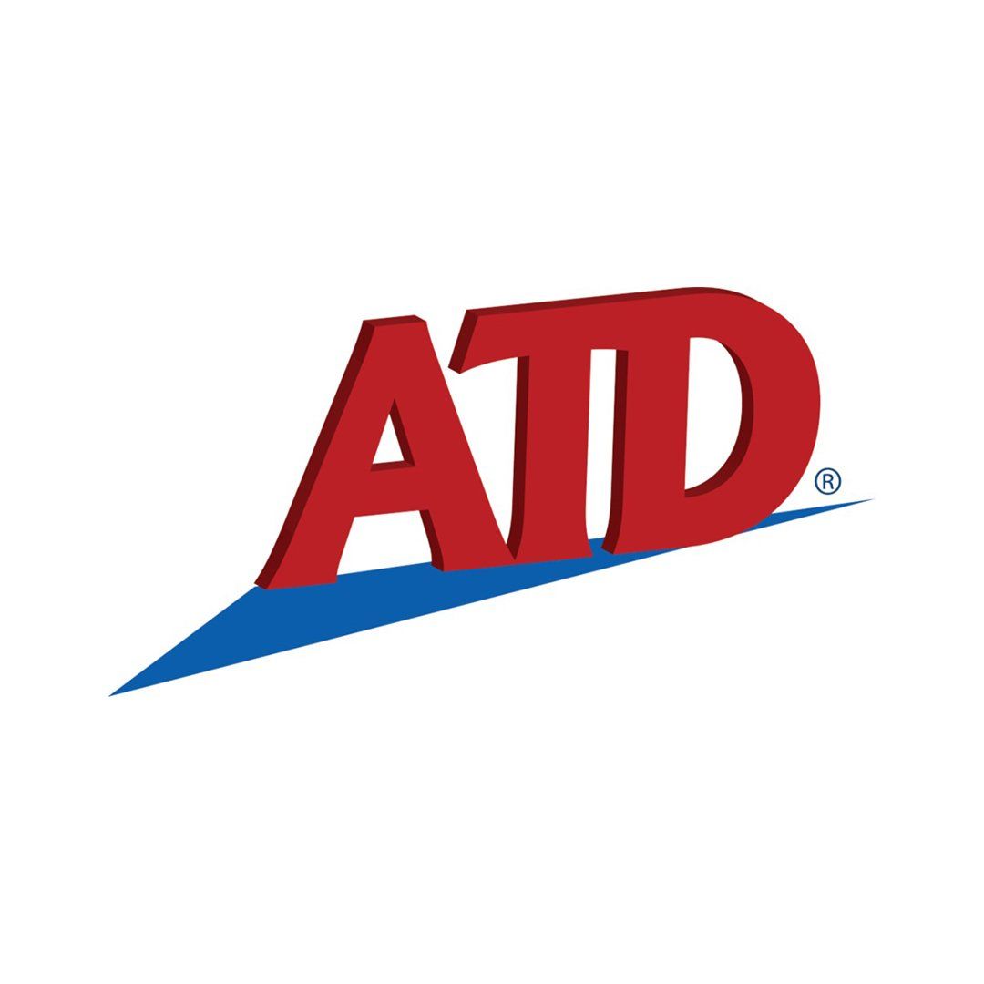 A red and blue atd logo on a white background