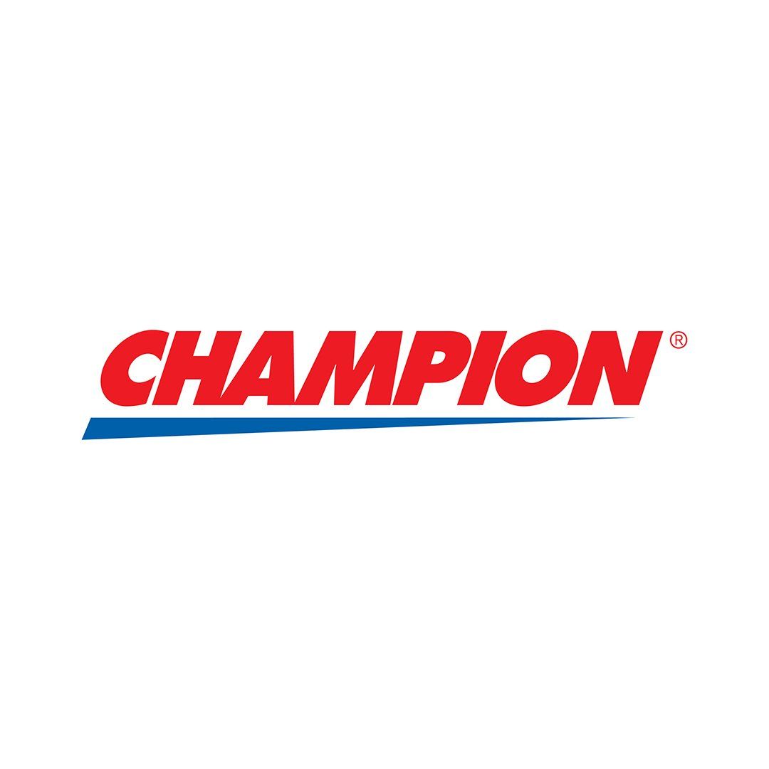 The champion logo is red and blue on a white background.