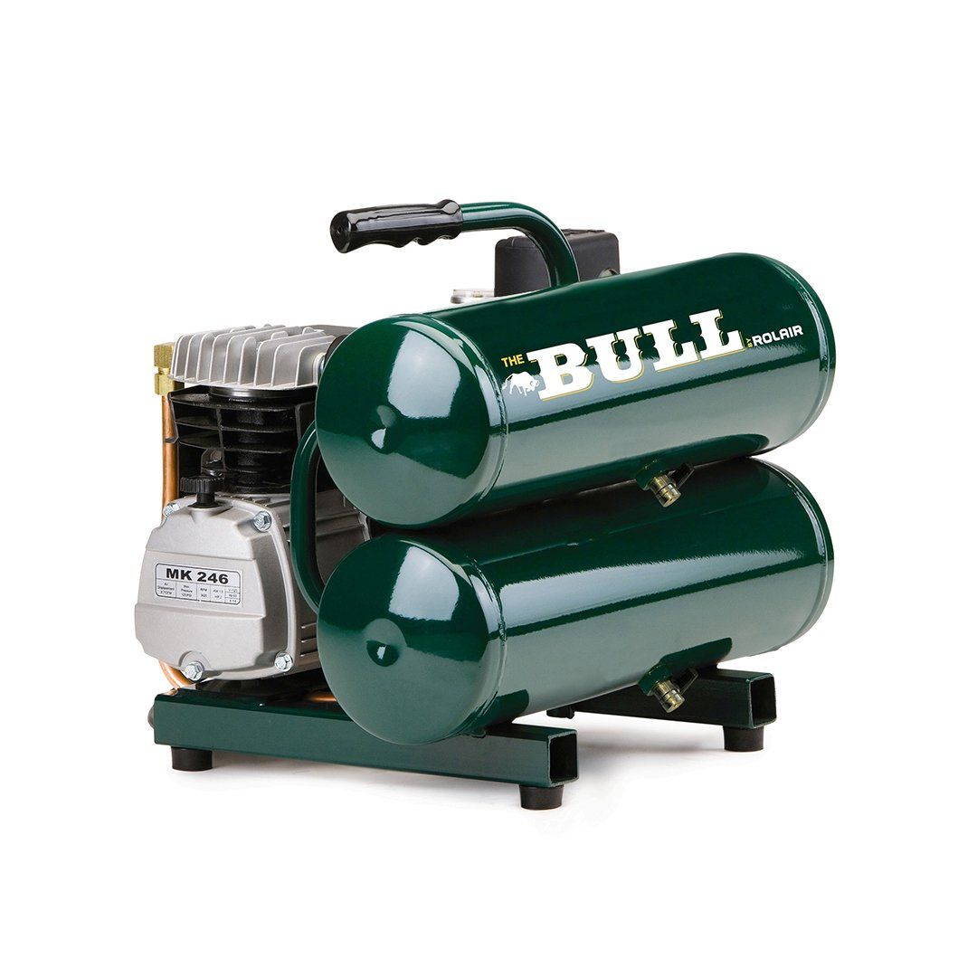 A green air compressor with two tanks on a white background.