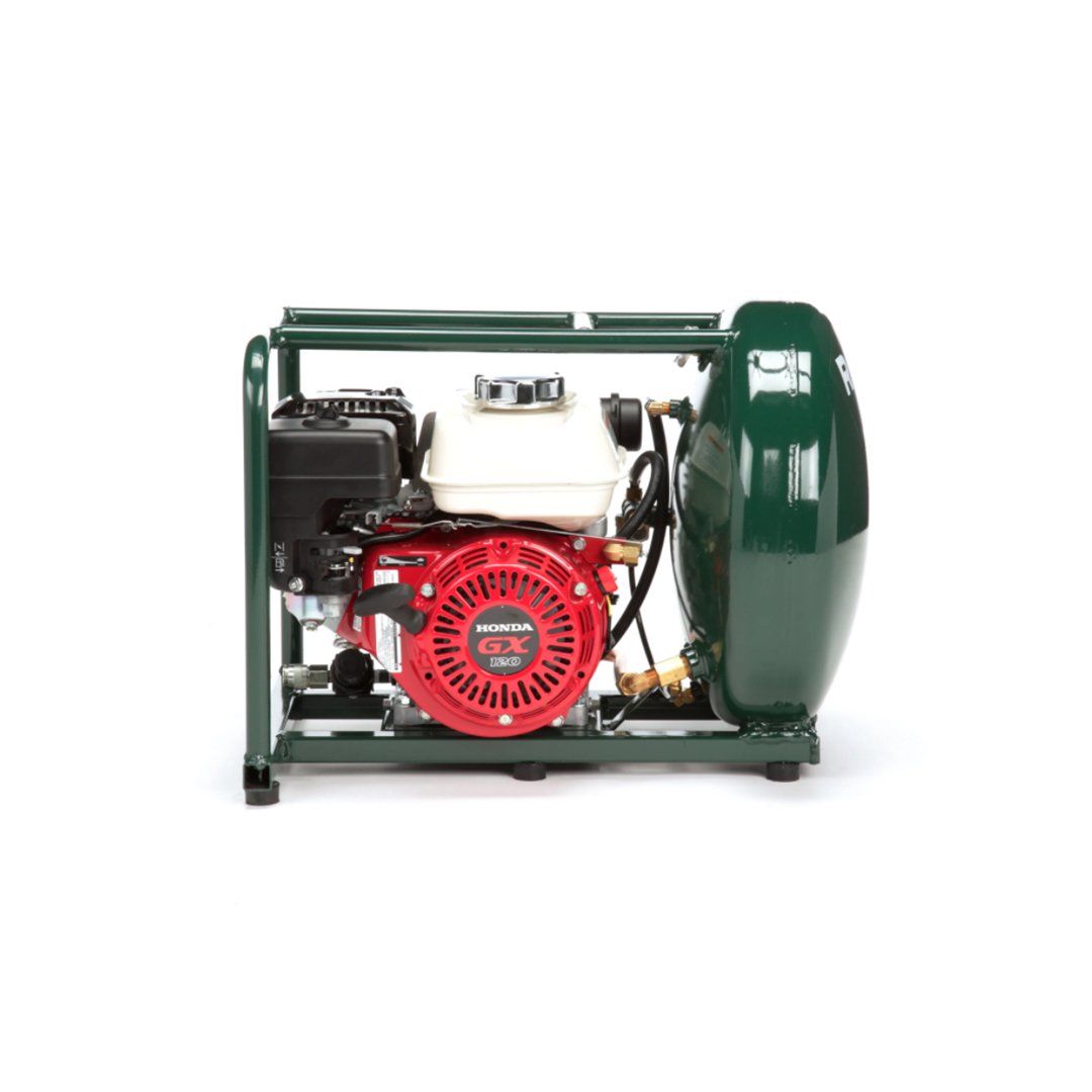 A green water pump with a red engine on a white background.