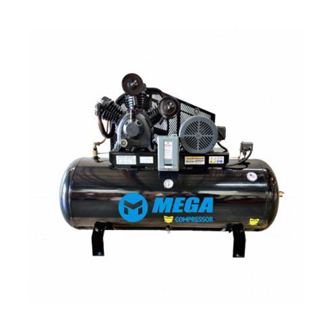 A mega air compressor is sitting on top of a black tank.