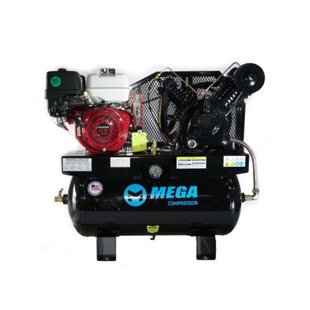 A mega air compressor with a gas engine attached to it.