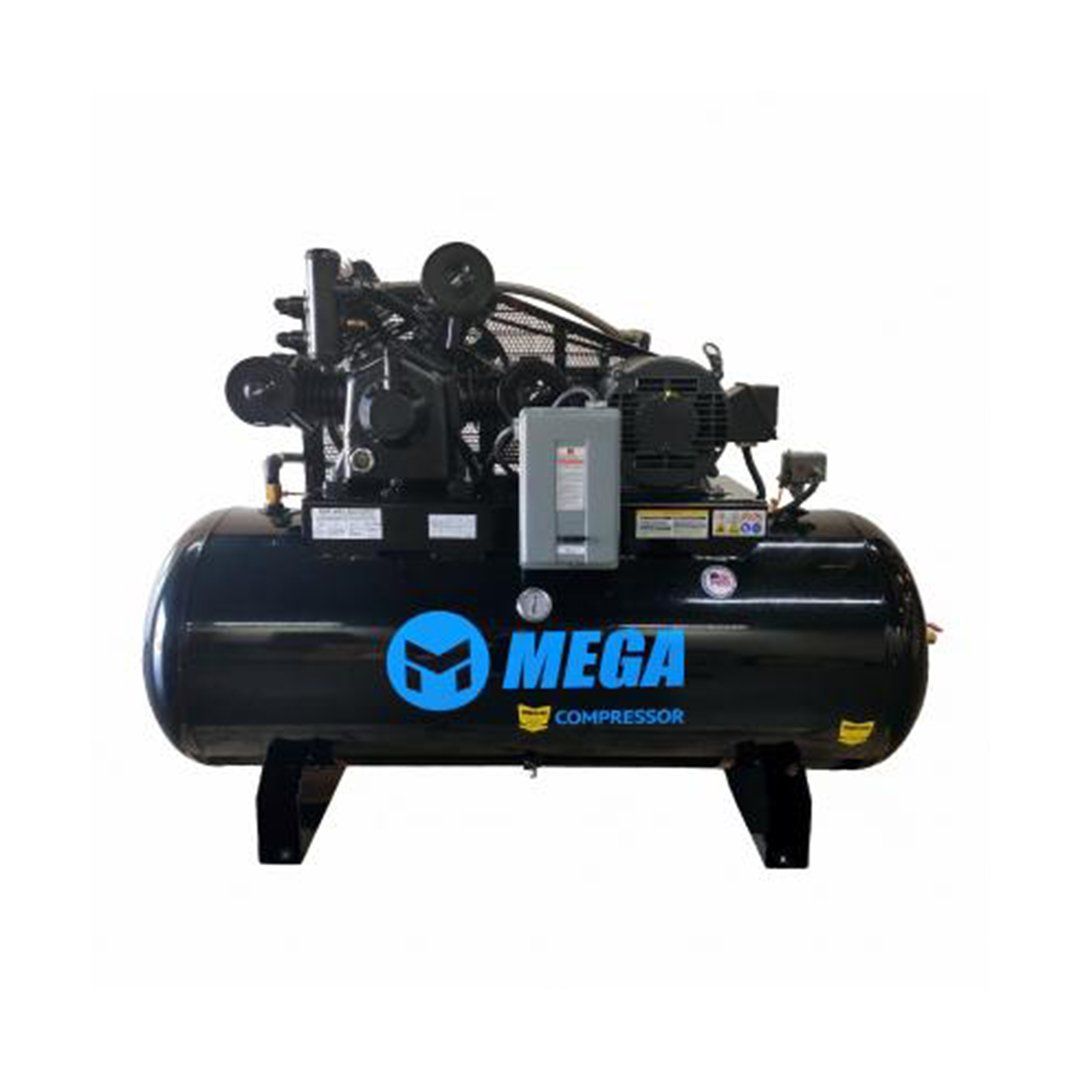 A mega air compressor is sitting on top of a black tank.