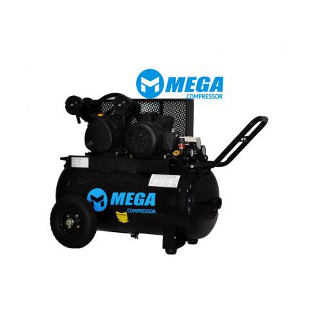 A black mega air compressor with wheels on a white background