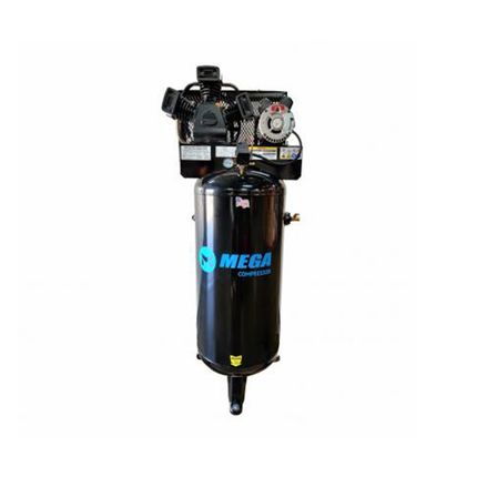 A black air compressor is sitting on top of a white surface.