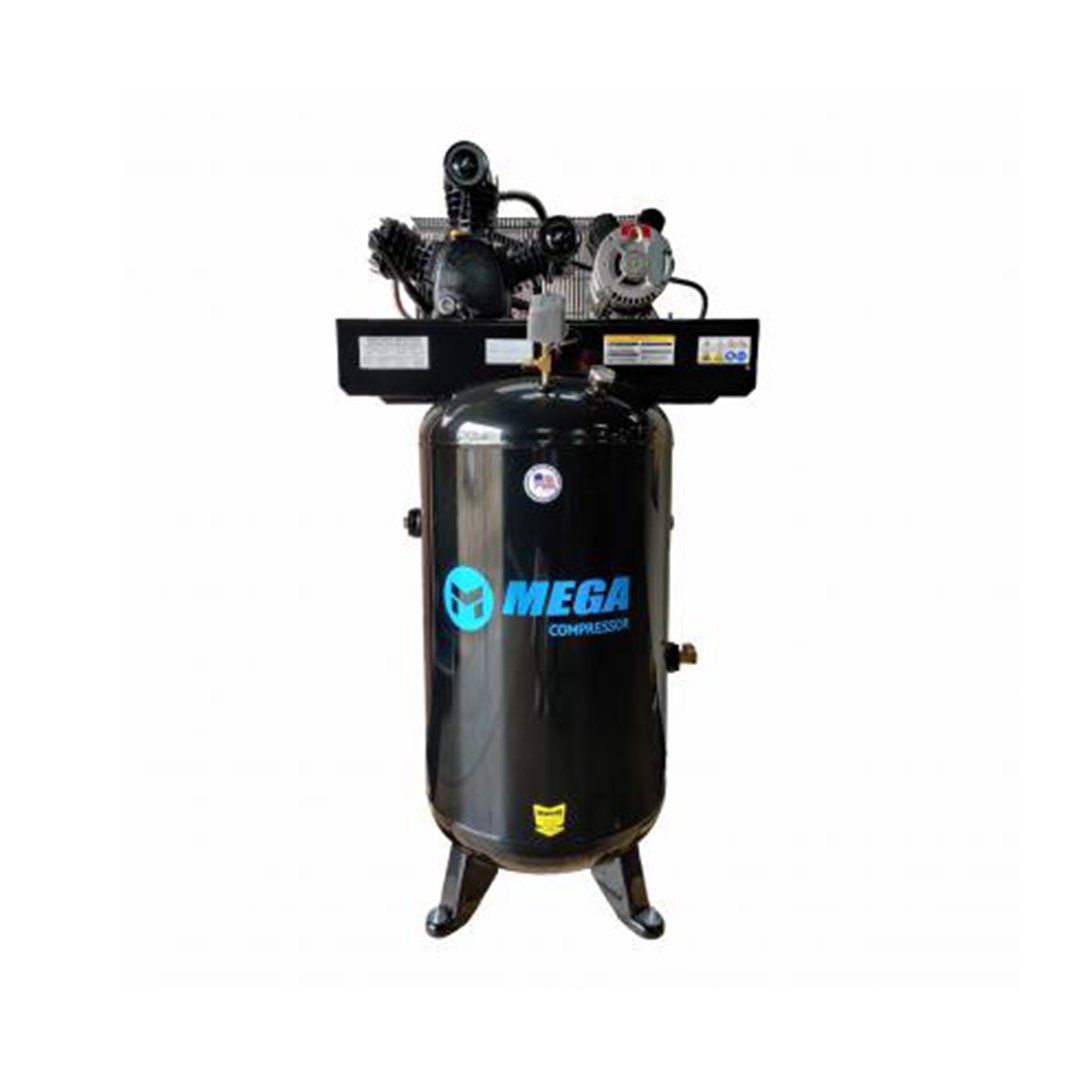A black air compressor is sitting on top of a white surface.