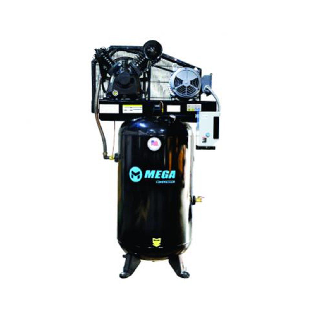 A black air compressor is sitting on a white surface.