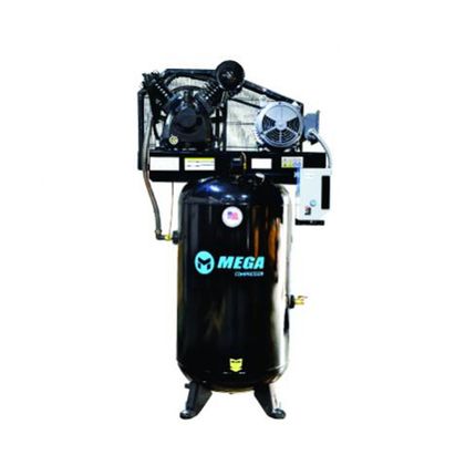 A black air compressor is sitting on a white surface.