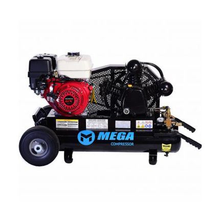 A gas powered air compressor with wheels and a honda engine.