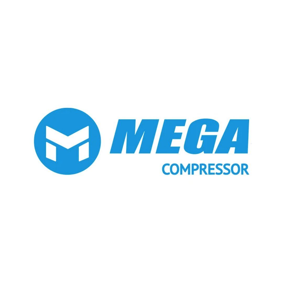 The mega compressor logo is blue and white on a white background.