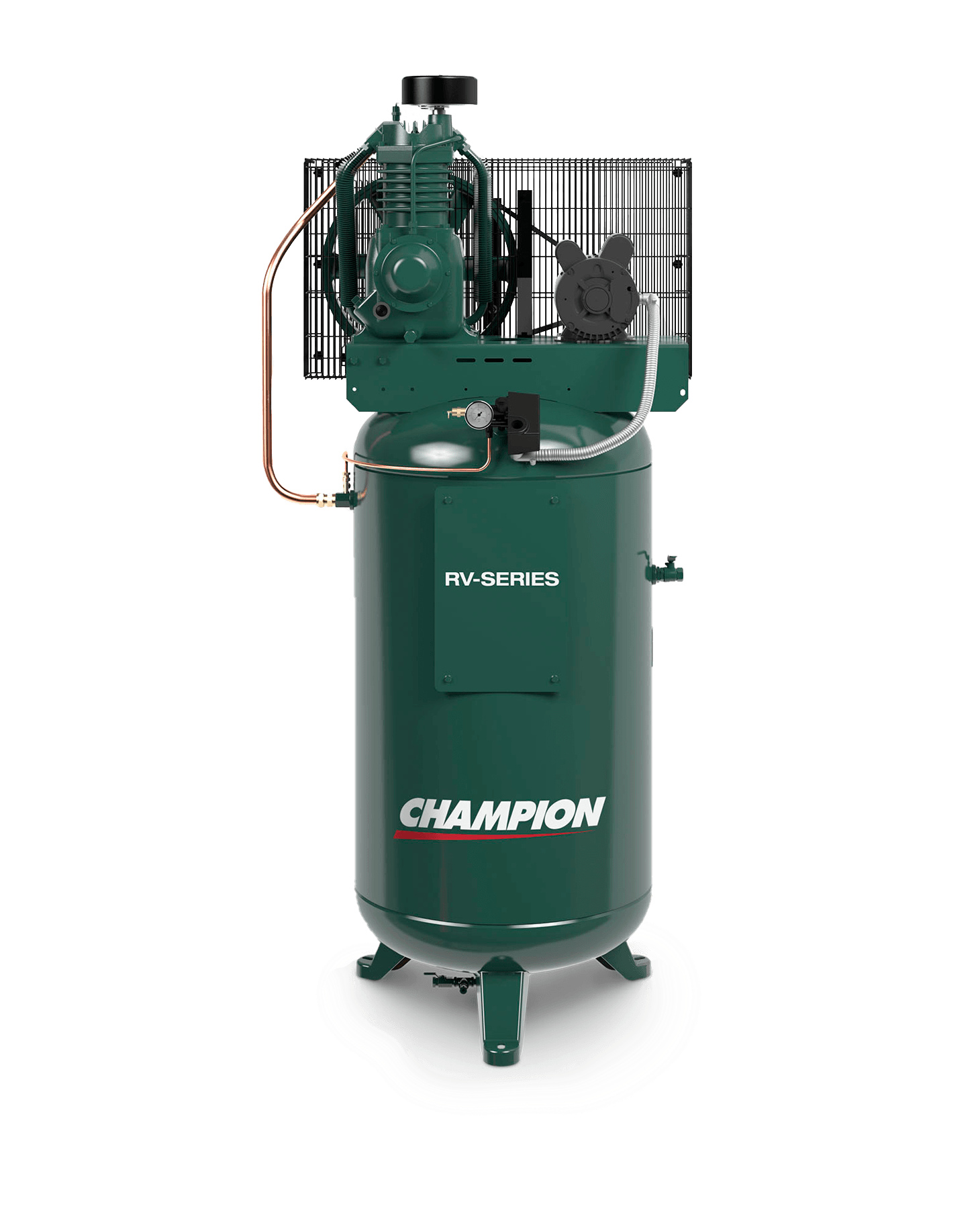 A green champion air compressor is sitting on a white surface.