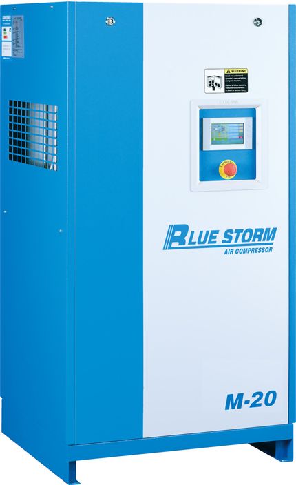 A blue and white air compressor is sitting on a white surface.