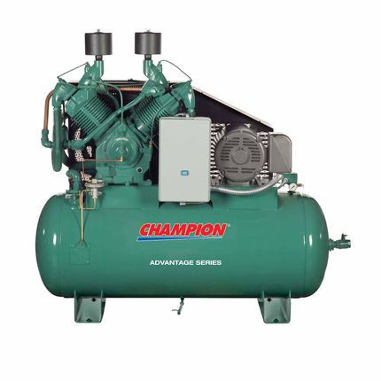 A green champion air compressor with a tank on a white background.