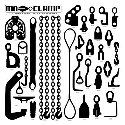 A bunch of different types of chains and hooks on a white background.