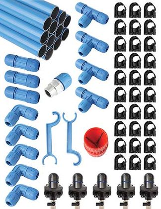 A bunch of blue pipes and fittings on a white background