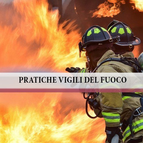 Due vigili del fuoco, delle fiamme e la scritta pratiche vigili del fuoco