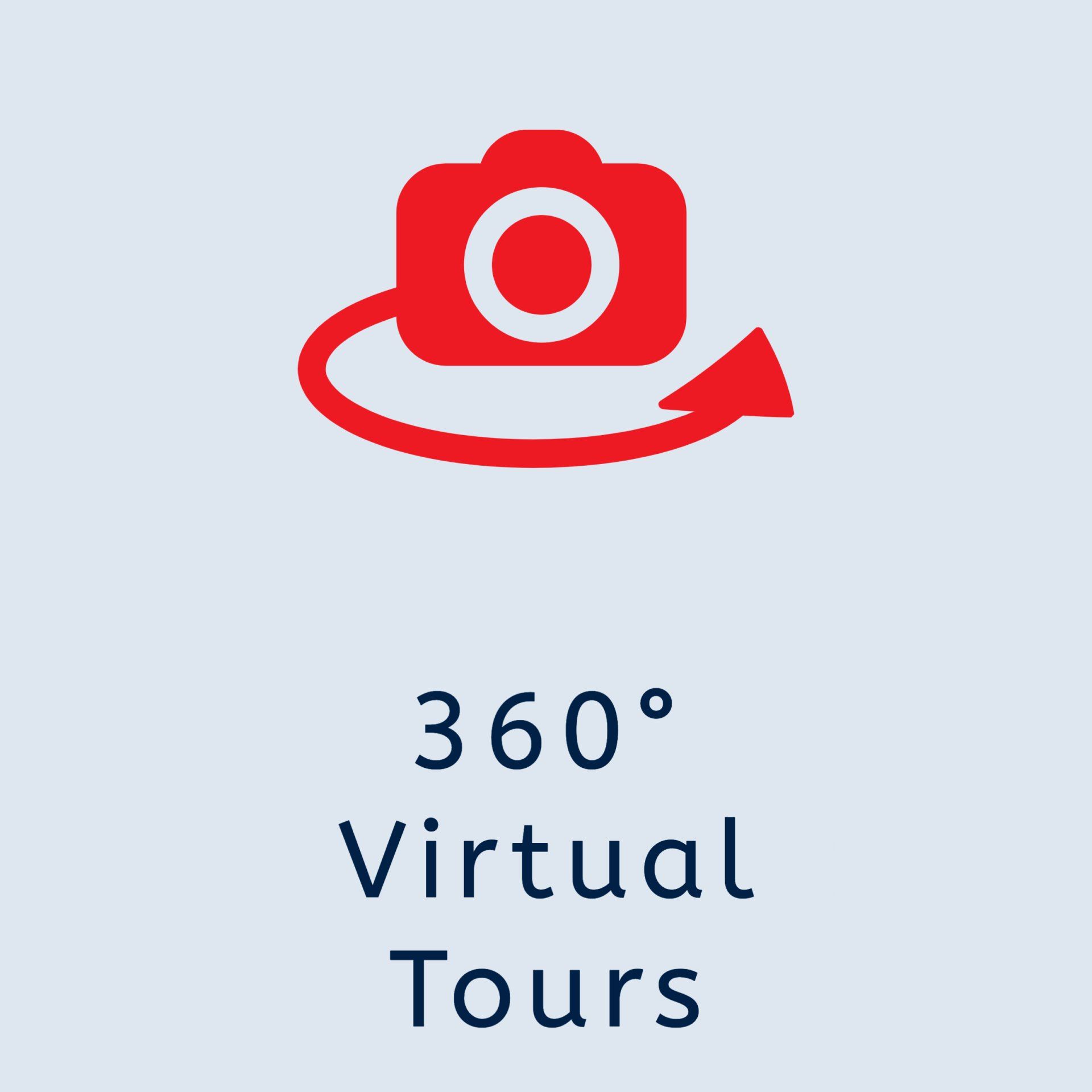 A 360 degree virtual tour icon with a camera and arrow.