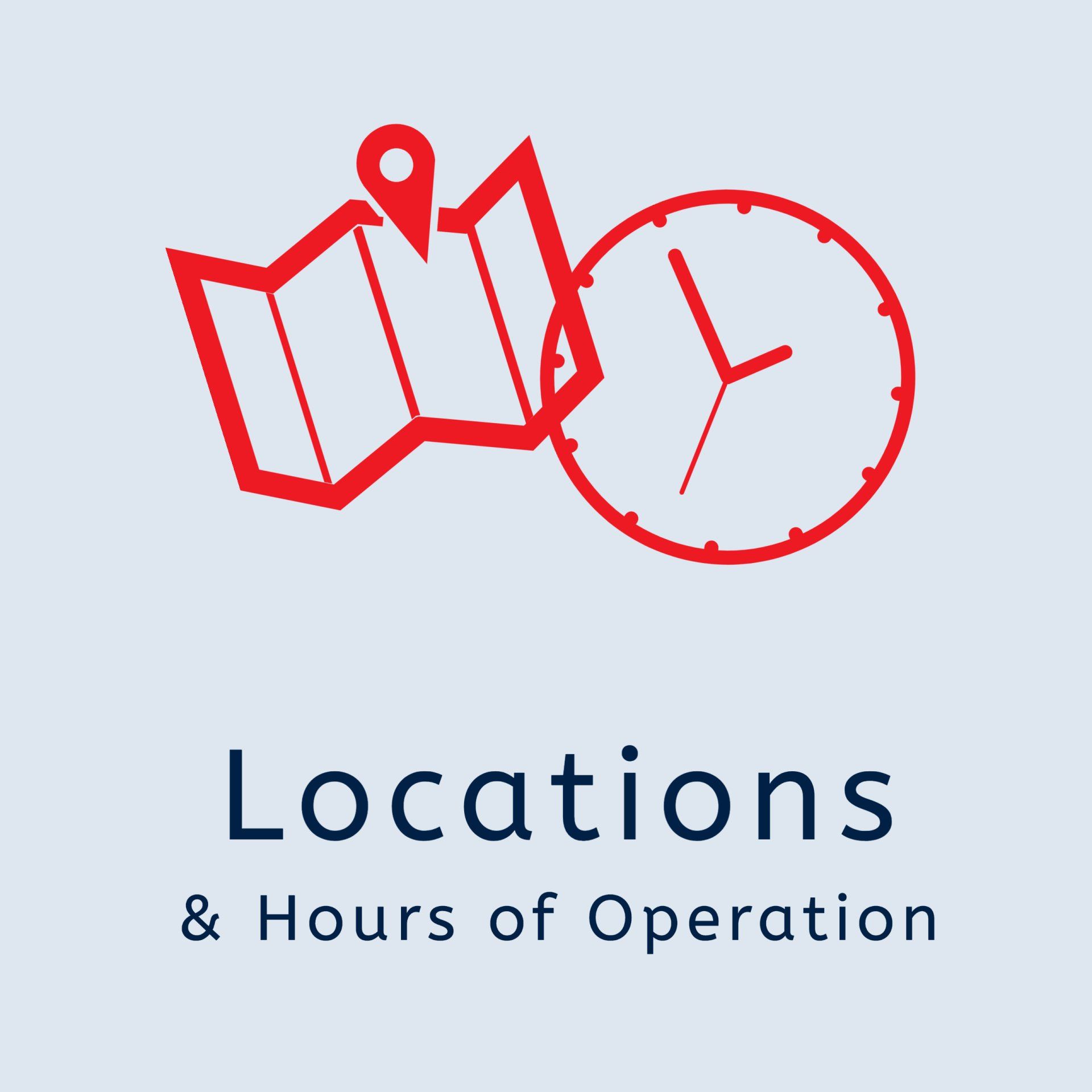 A logo for locations and hours of operation with a map and a clock.