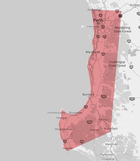 Service area map showing coverage from Perth to Bunbury and the South West including Mandurah, Busselton and Margaret River.