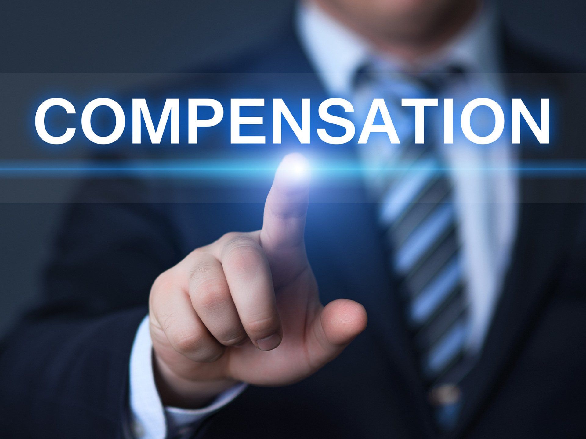 businessman pressing compensation button on virtual screens